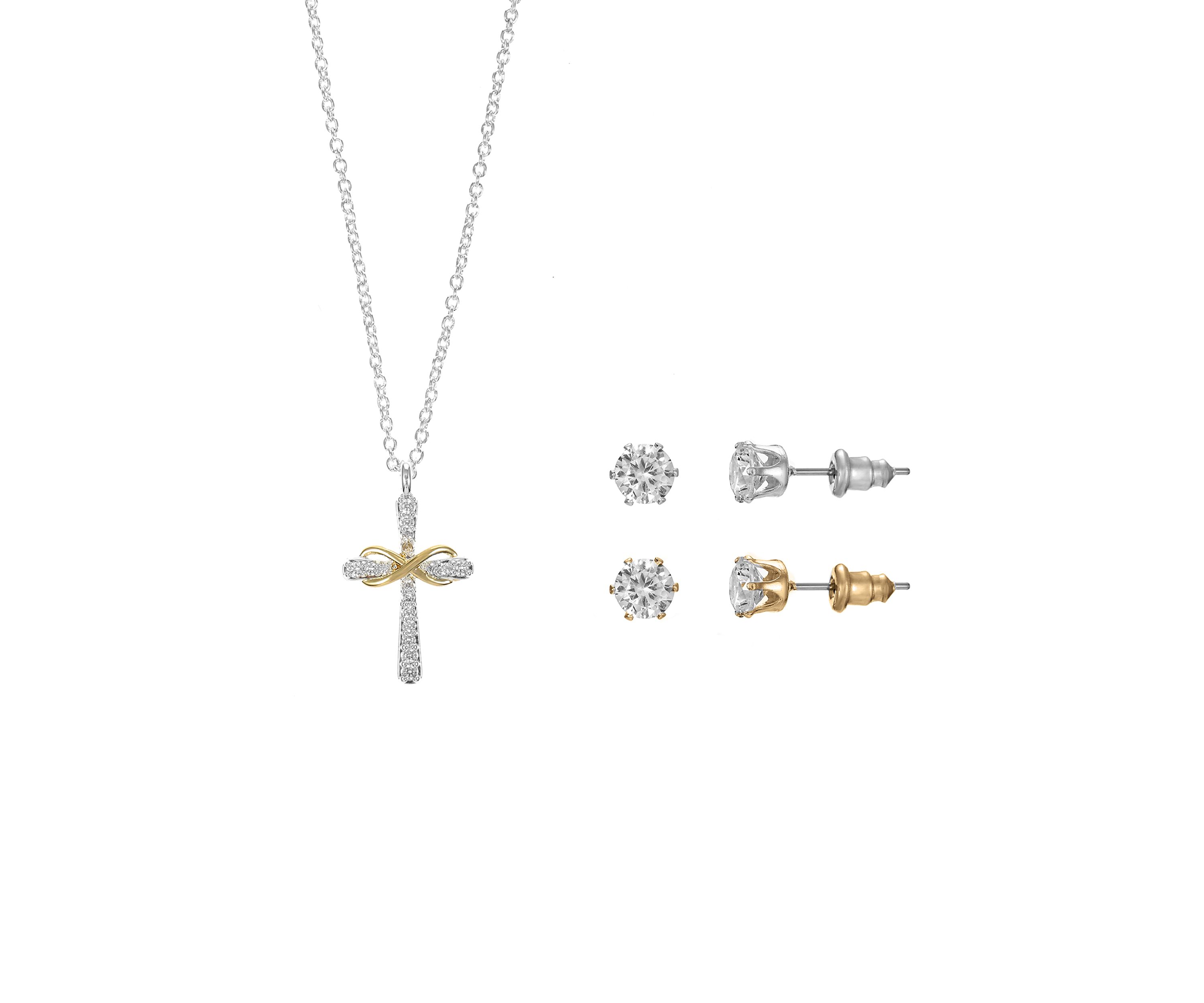 Lab Created Two Tone Pave Cross Pendant Necklace with CZ Stud Set