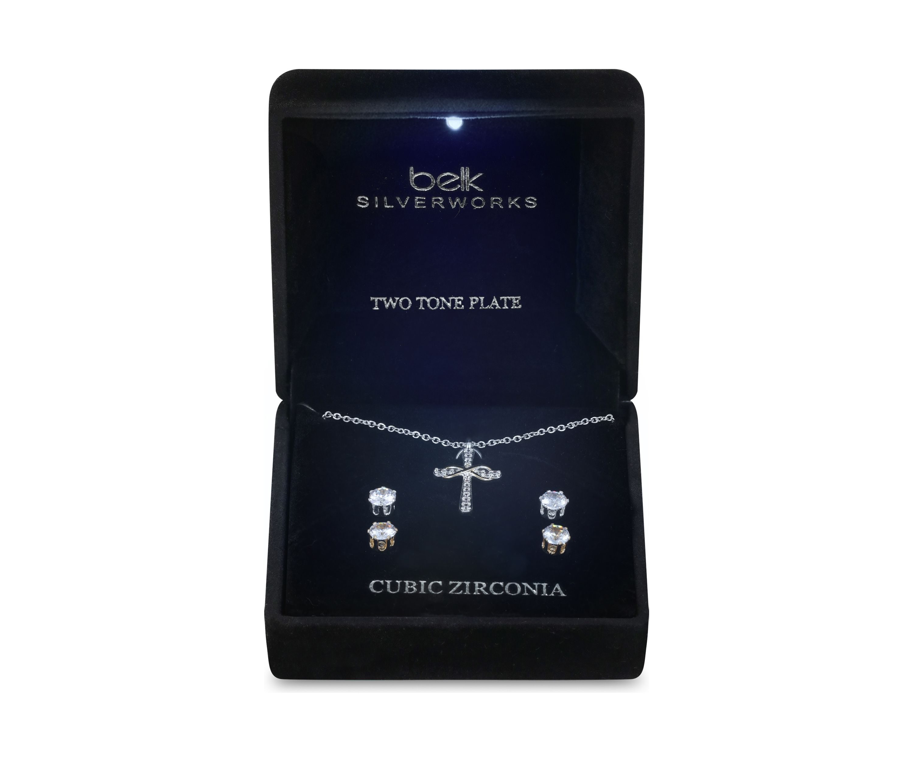 Lab Created Two Tone Pave Cross Pendant Necklace with CZ Stud Set