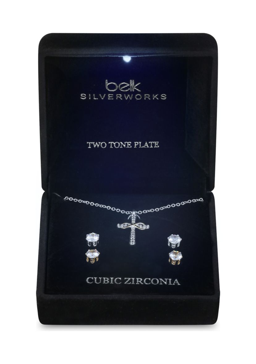 Lab Created Two Tone Pave Cross Pendant Necklace with CZ Stud Set