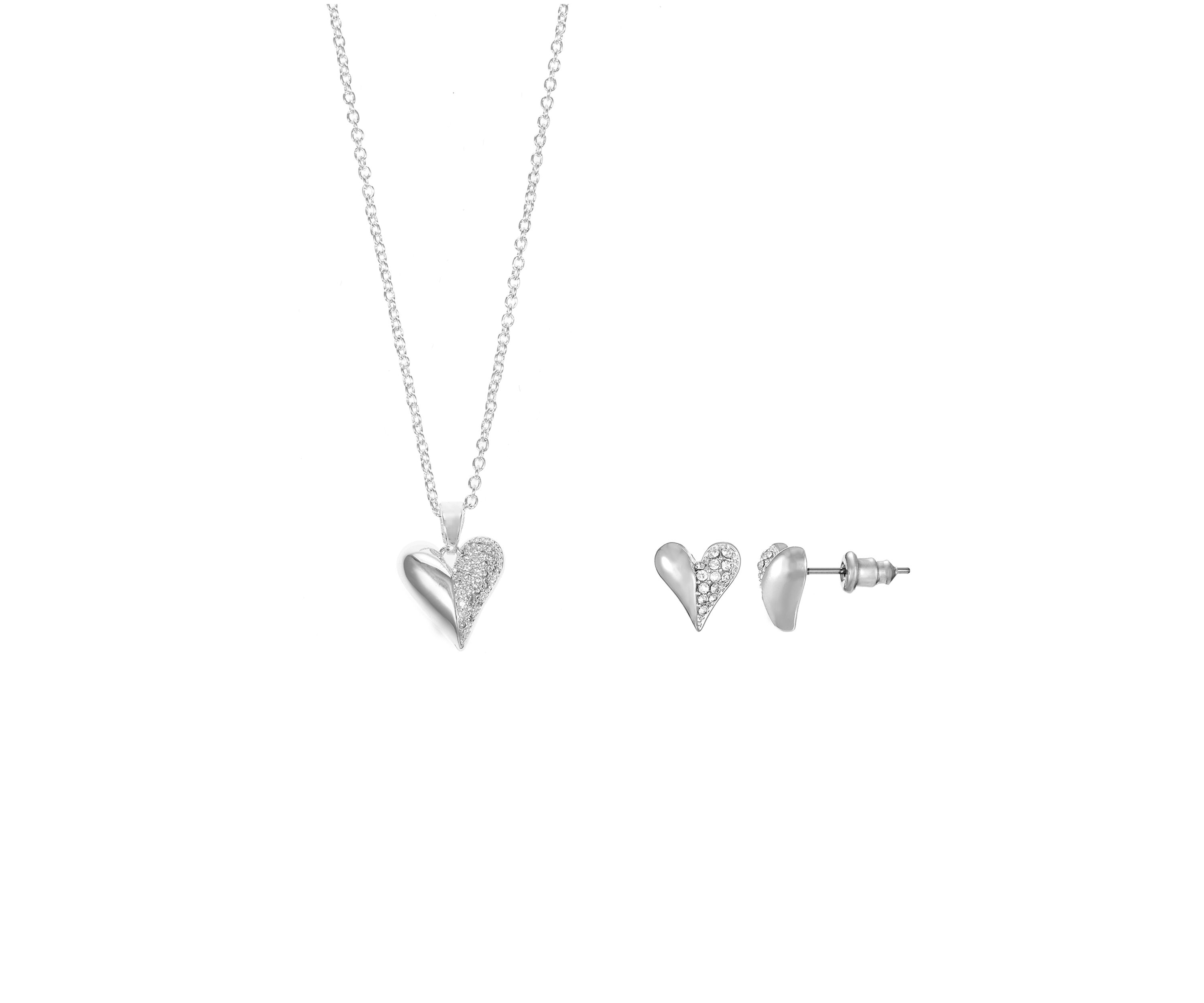 Lab Grown Silver Plated Puffy Heart with Pavé Cubic Zirconia Pendant Necklace and Earring Set