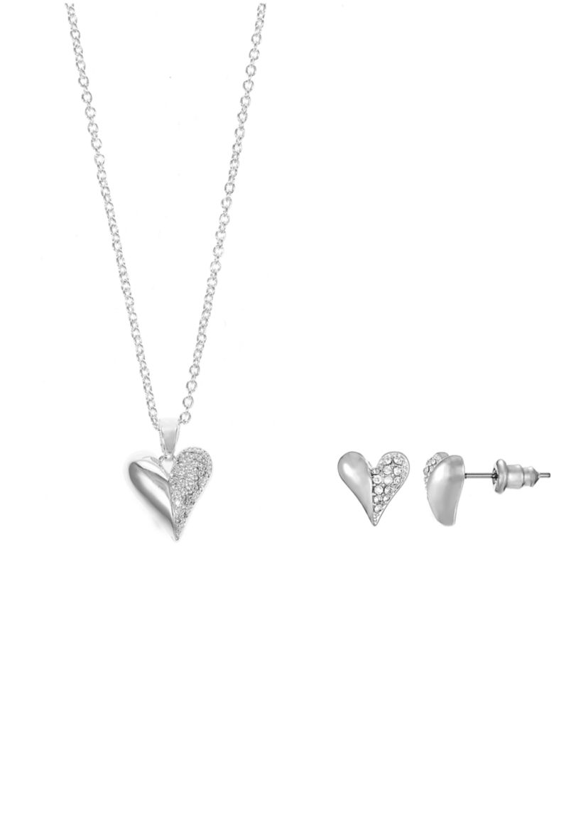 Lab Grown Silver Plated Puffy Heart with Pavé Cubic Zirconia Pendant Necklace and Earring Set