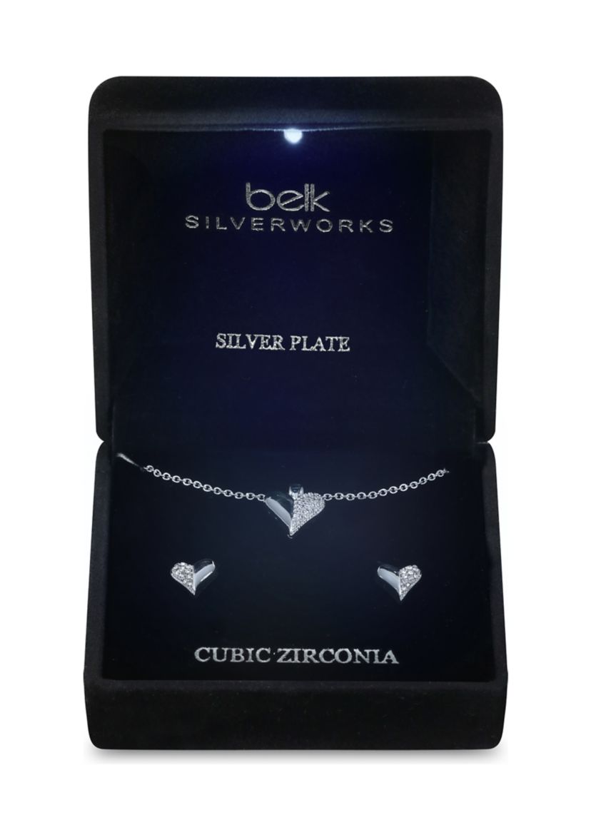 Lab Grown Silver Plated Puffy Heart with Pavé Cubic Zirconia Pendant Necklace and Earring Set