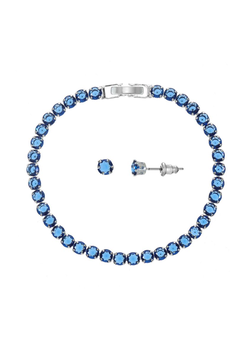 Lab Created Silver Tone Sapphire CZ Tennis Necklace and Earring Set