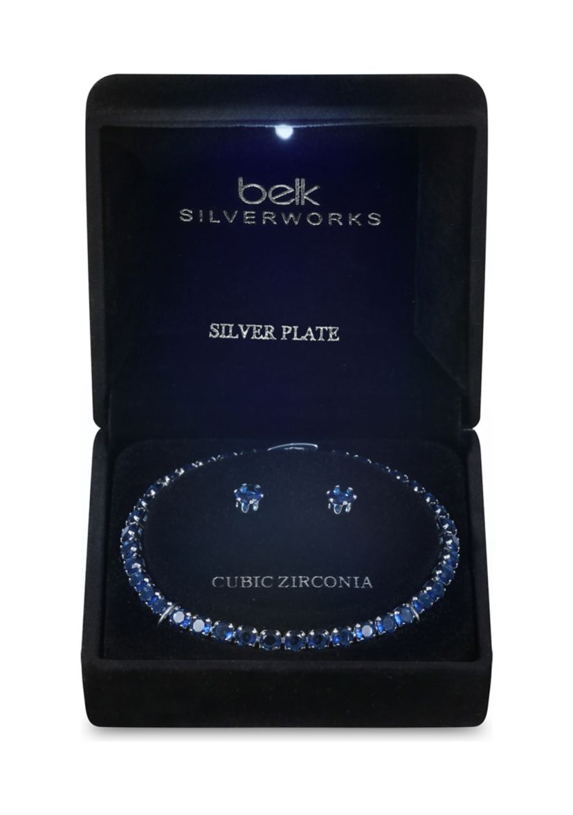 Lab Created Silver Tone Sapphire CZ Tennis Necklace and Earring Set