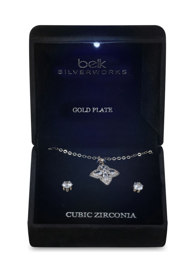 Lab Grown Plated Cubic Zirconia Clover Halo Pendant and Earring Set