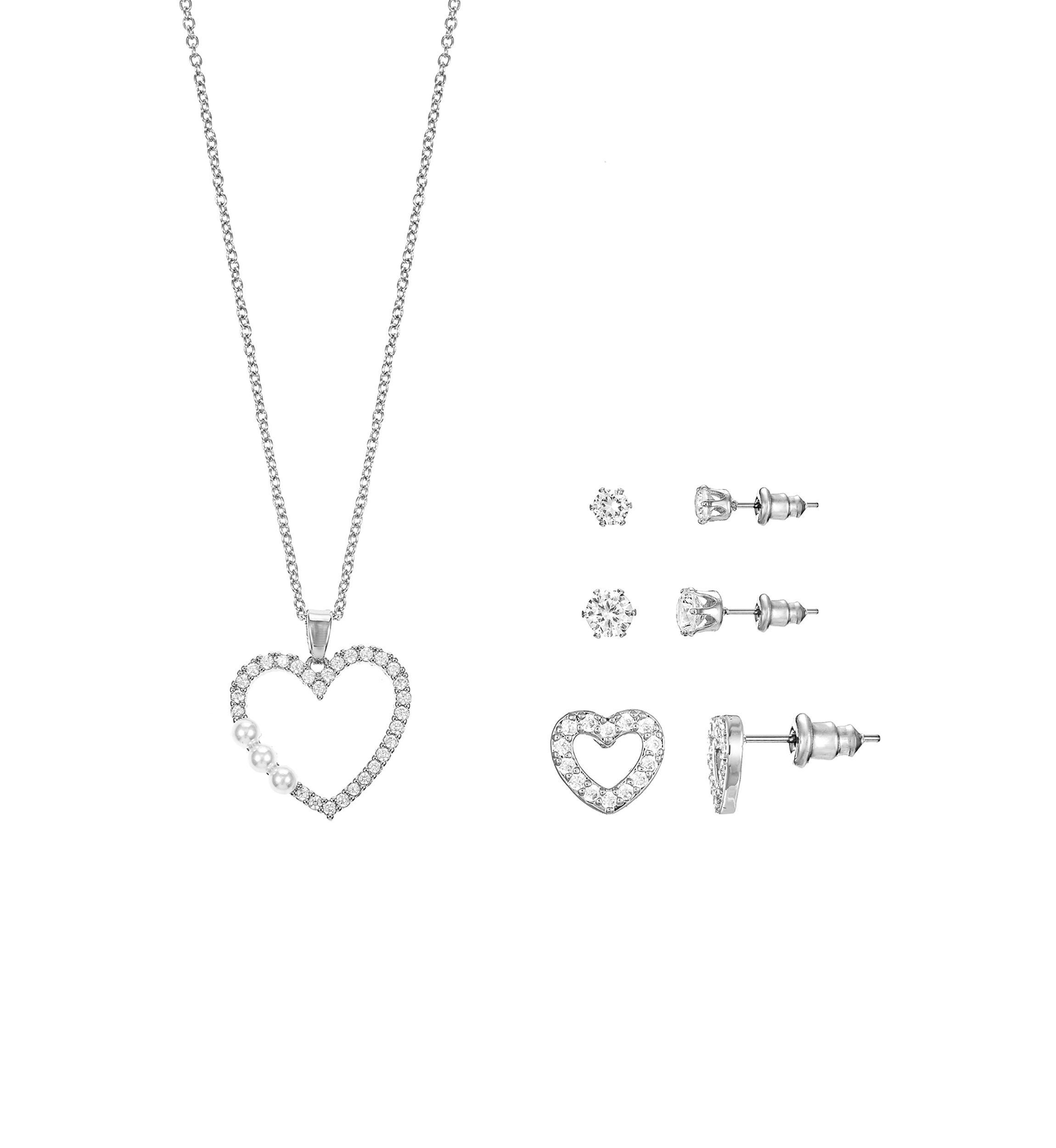 Lab Grown Silver Tone Cubic Zirconia Open Heart Pendant Necklace and Earrings Set