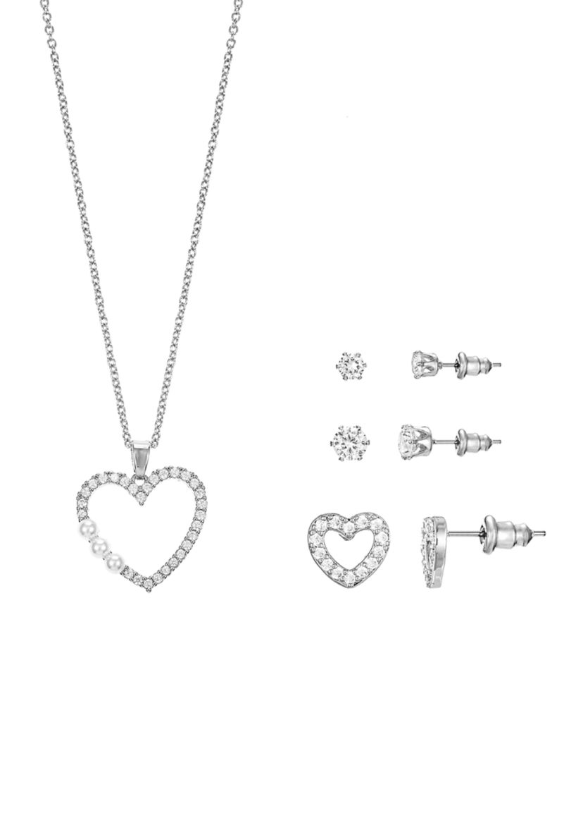Lab Grown Silver Tone Cubic Zirconia Open Heart Pendant Necklace and Earrings Set
