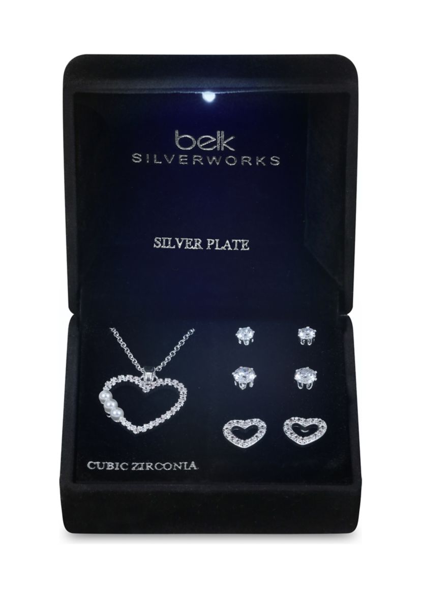 Lab Grown Silver Tone Cubic Zirconia Open Heart Pendant Necklace and Earrings Set