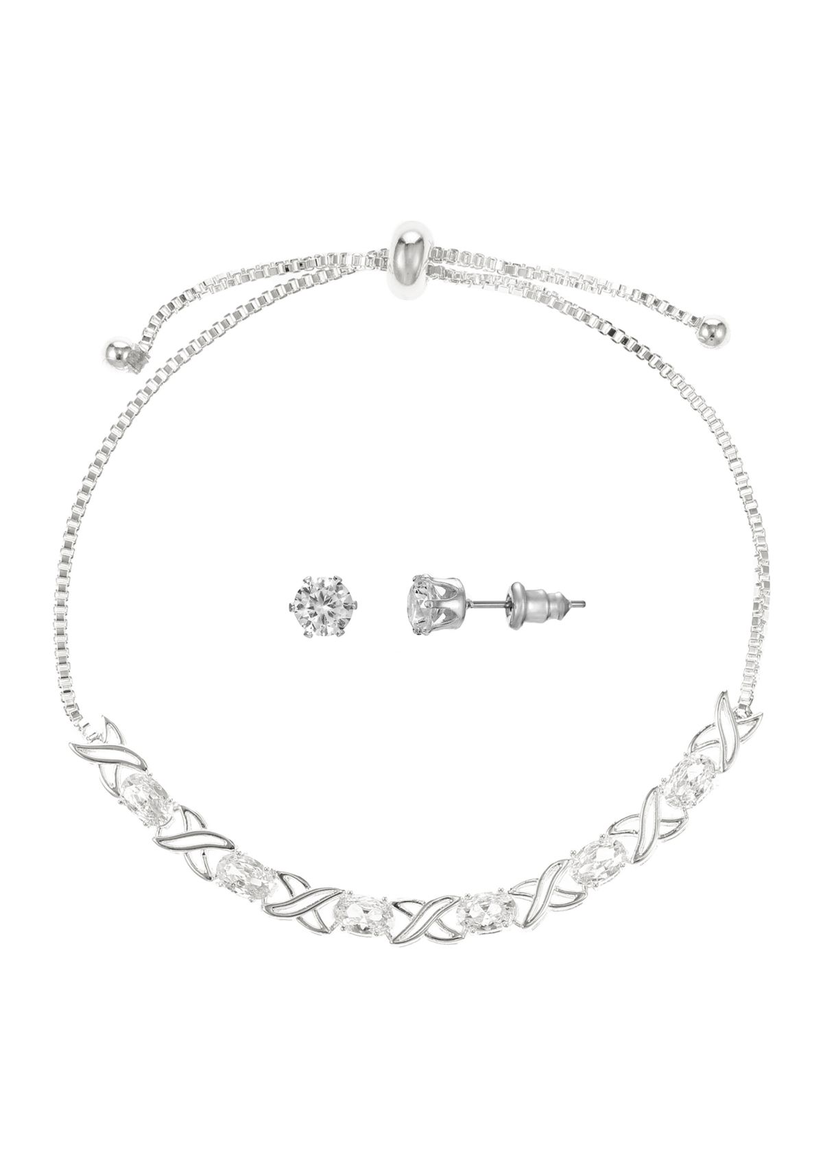 Lab Grown Silver Plated Cubic Zirconia X and O Bolo Tennis Bracelet with Stud Earrings Set