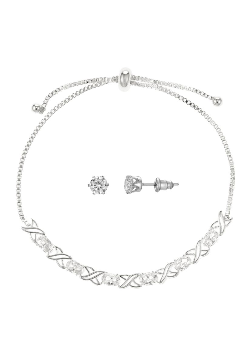Lab Grown Silver Plated Cubic Zirconia X and O Bolo Tennis Bracelet with Stud Earrings Set