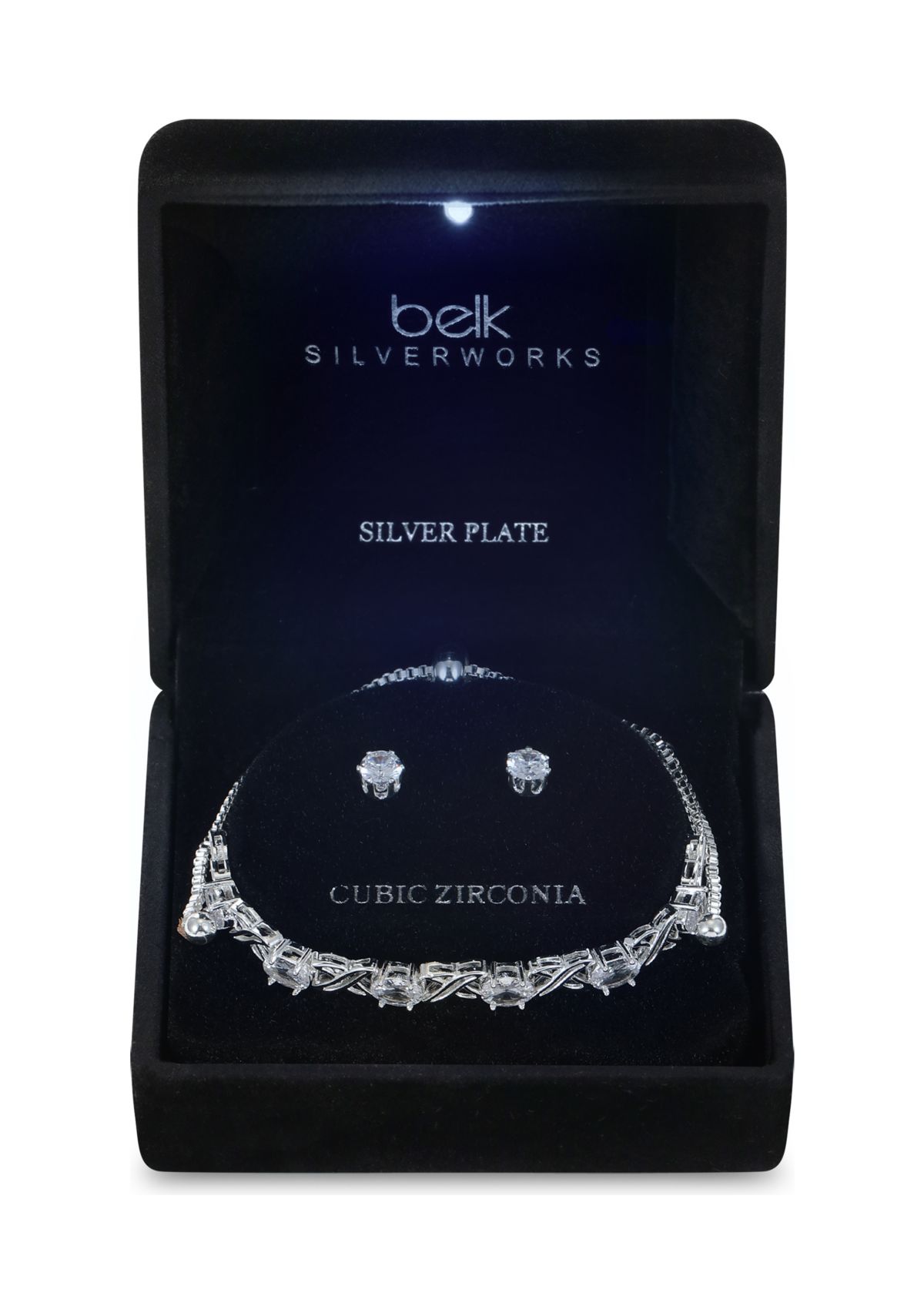 Lab Grown Silver Plated Cubic Zirconia X and O Bolo Tennis Bracelet with Stud Earrings Set