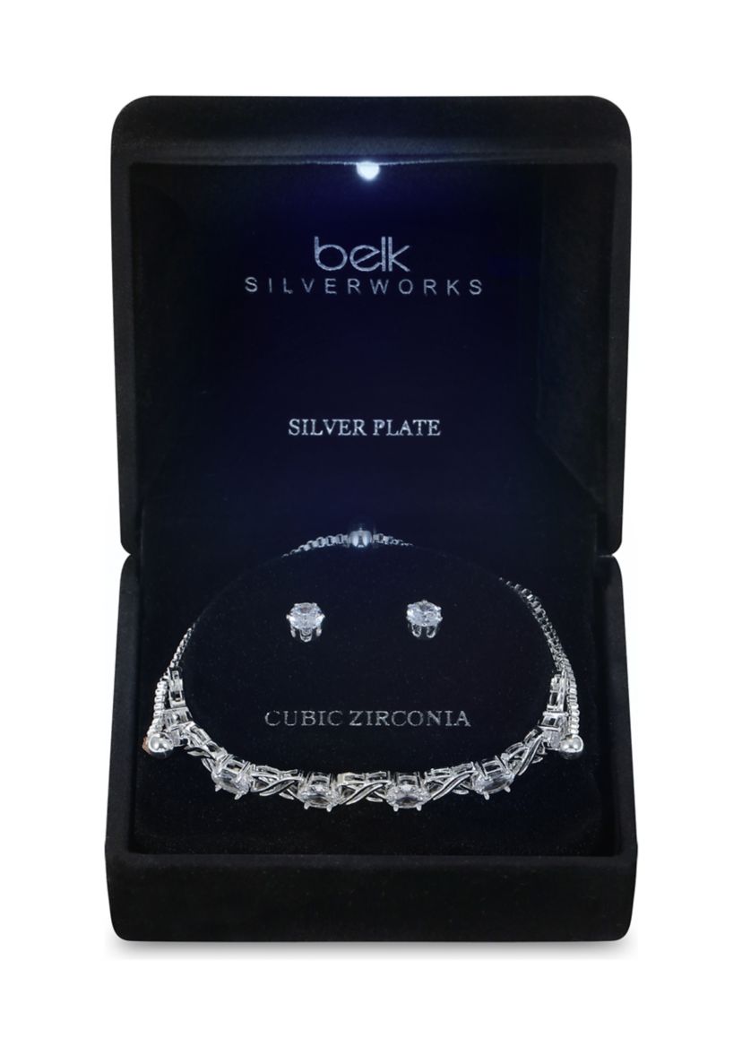 Lab Grown Silver Plated Cubic Zirconia X and O Bolo Tennis Bracelet with Stud Earrings Set