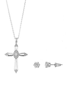Belk Silverworks Lab Created fine plated CZ pave open cross with round CZ stud set