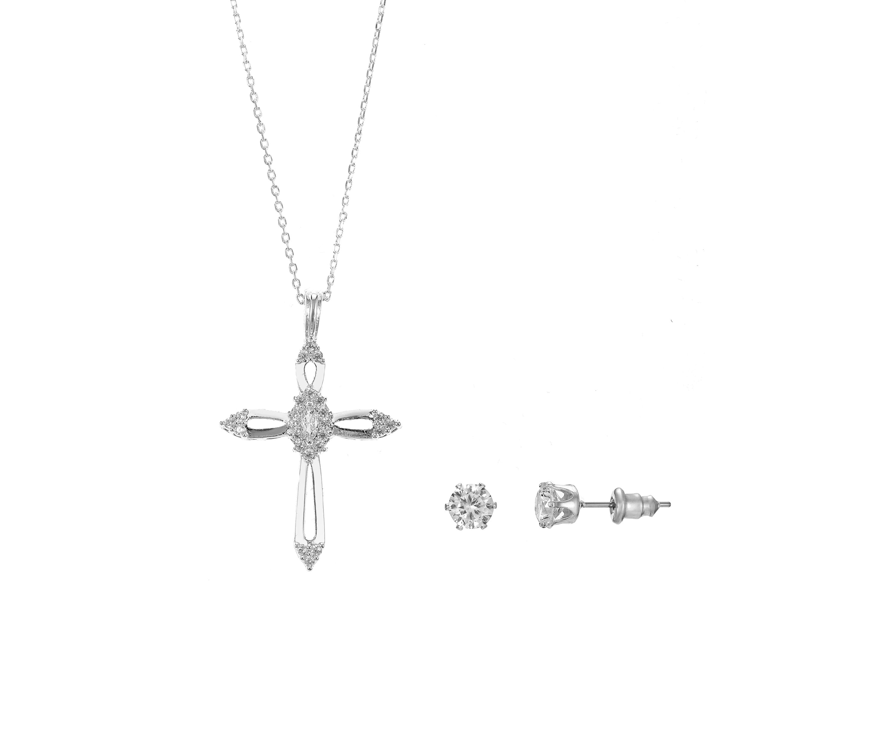 Lab Grown Open Cross Pendant Silver Plated Necklace with Cubic Zirconia Stud Earrings Set 