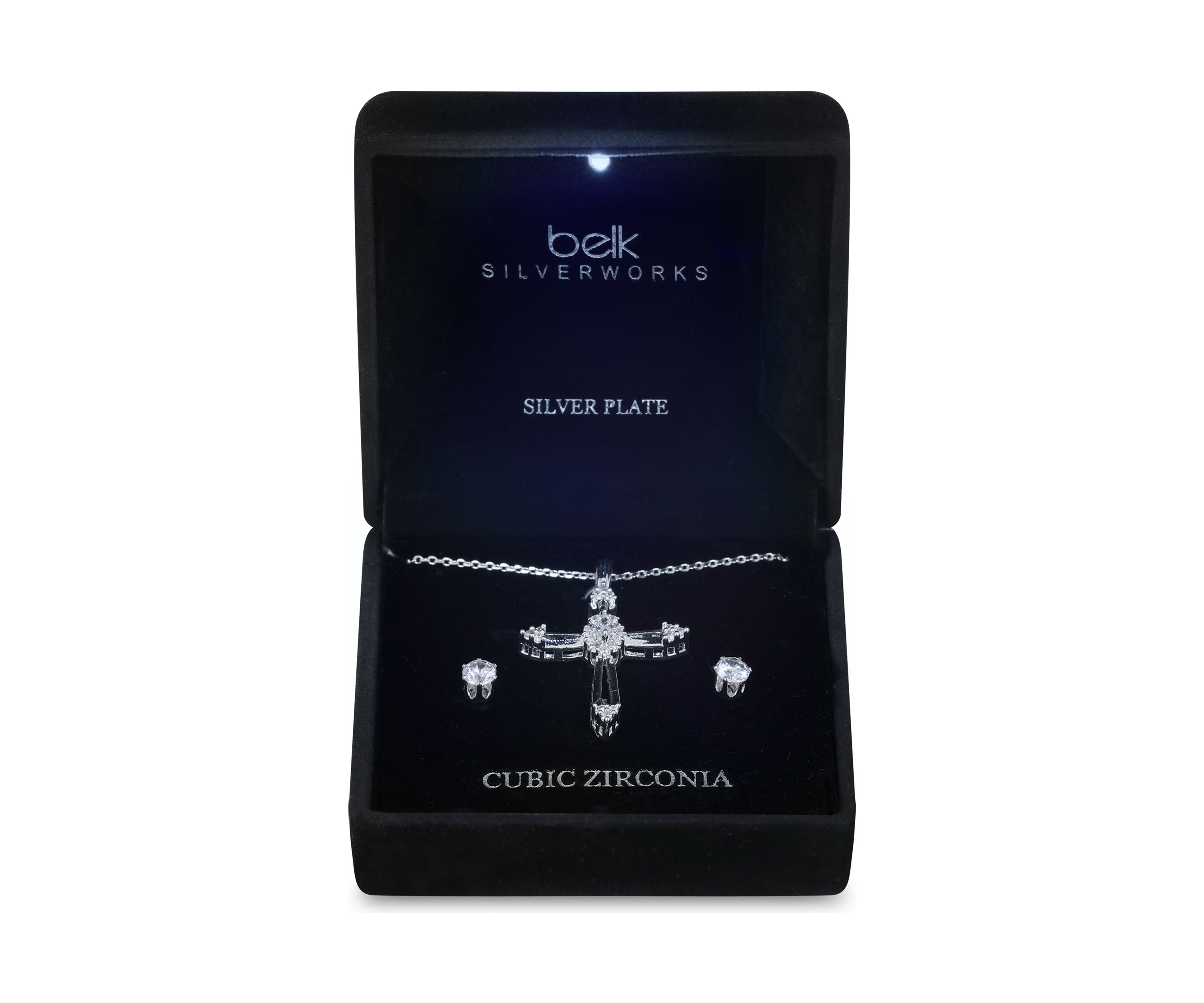 Lab Grown Open Cross Pendant Silver Plated Necklace with Cubic Zirconia Stud Earrings Set 