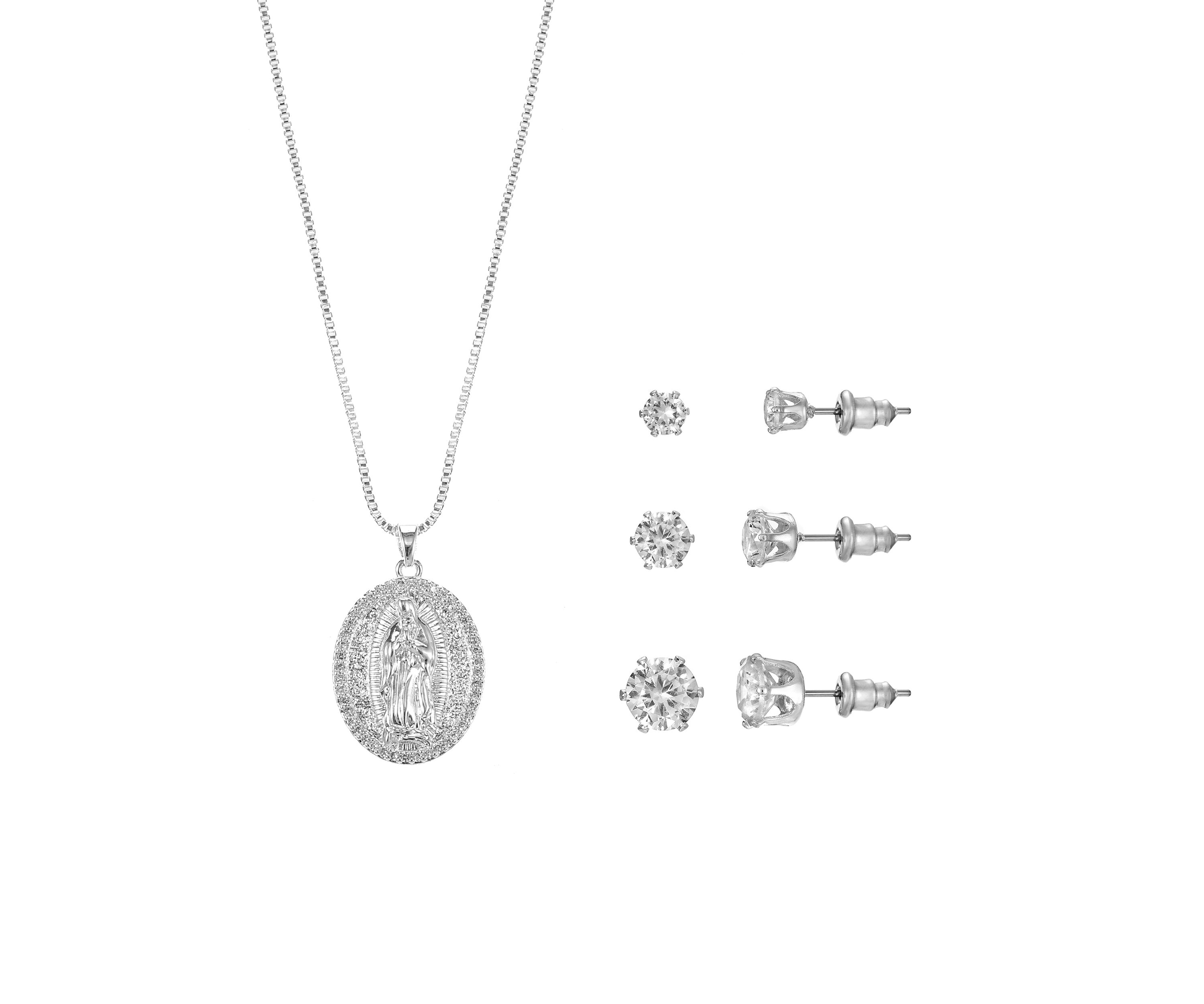 Lab Grown Oval Religious Silver Plated Pendant Necklace with Cubic Zirconia Multi Stud Earrings Set