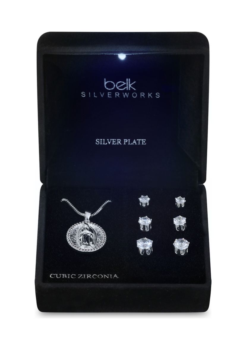 Lab Grown Oval Religious Silver Plated Pendant Necklace with Cubic Zirconia Multi Stud Earrings Set