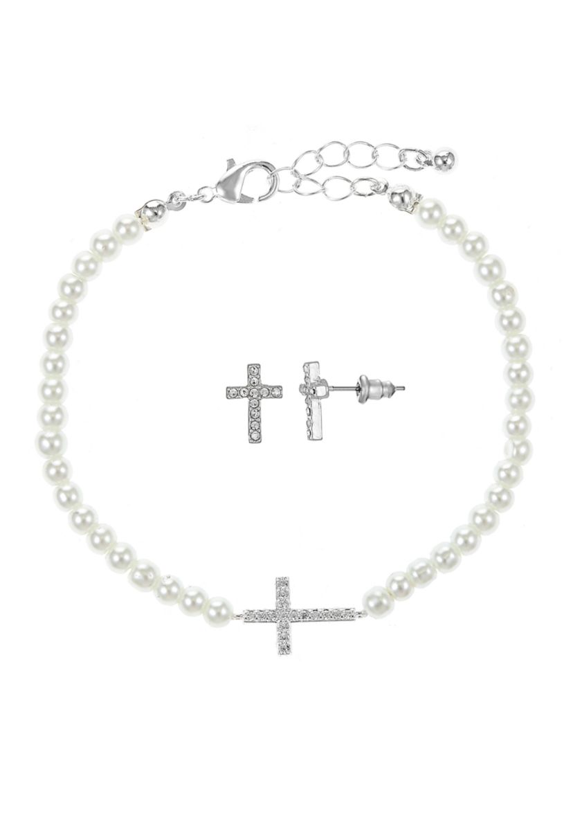 Lab Grown Silver Plated Pearl Bracelet with Cubic Zirconia Cross and Cross Stud Earring Set