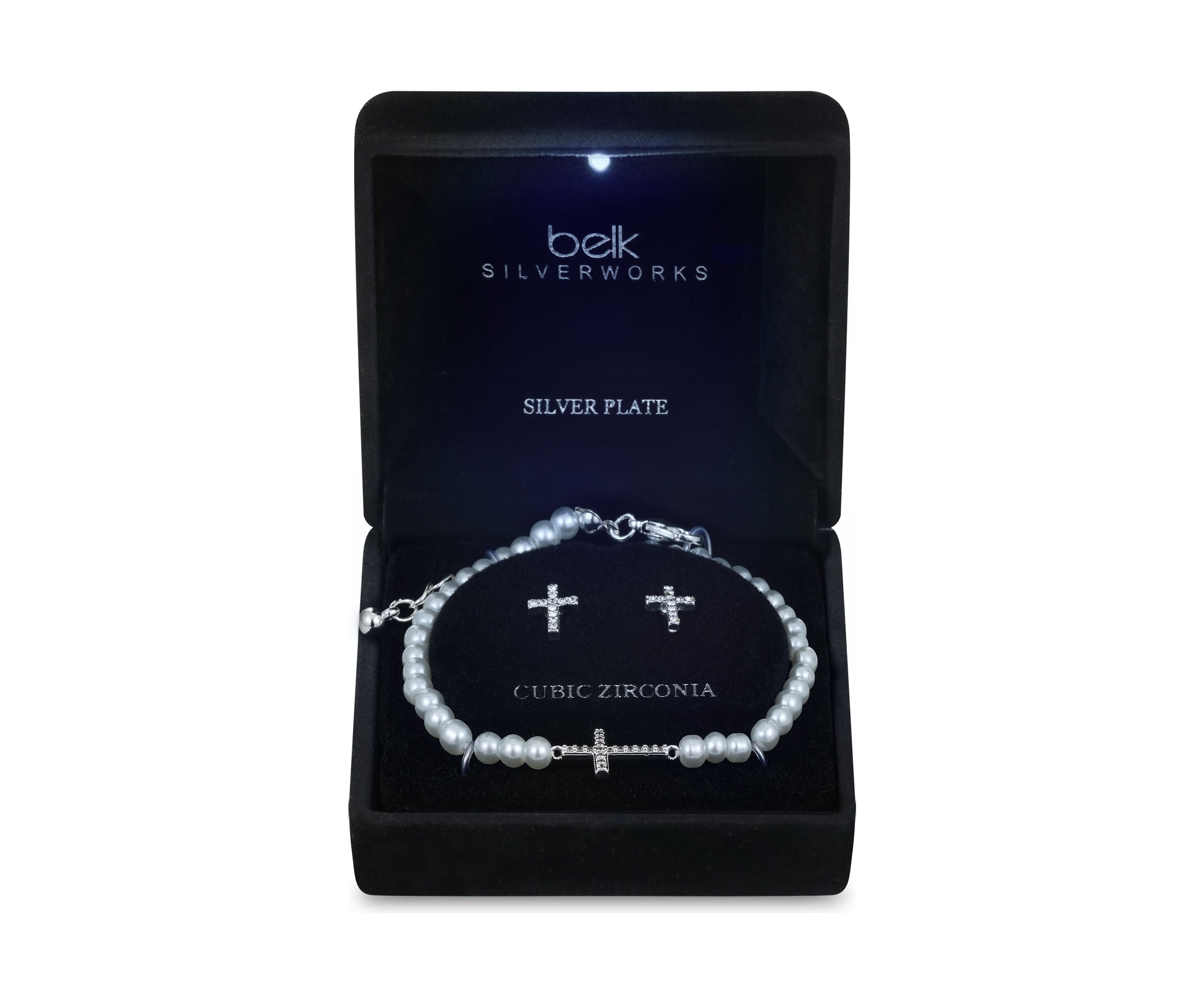 Lab Grown Silver Plated Pearl Bracelet with Cubic Zirconia Cross and Cross Stud Earring Set