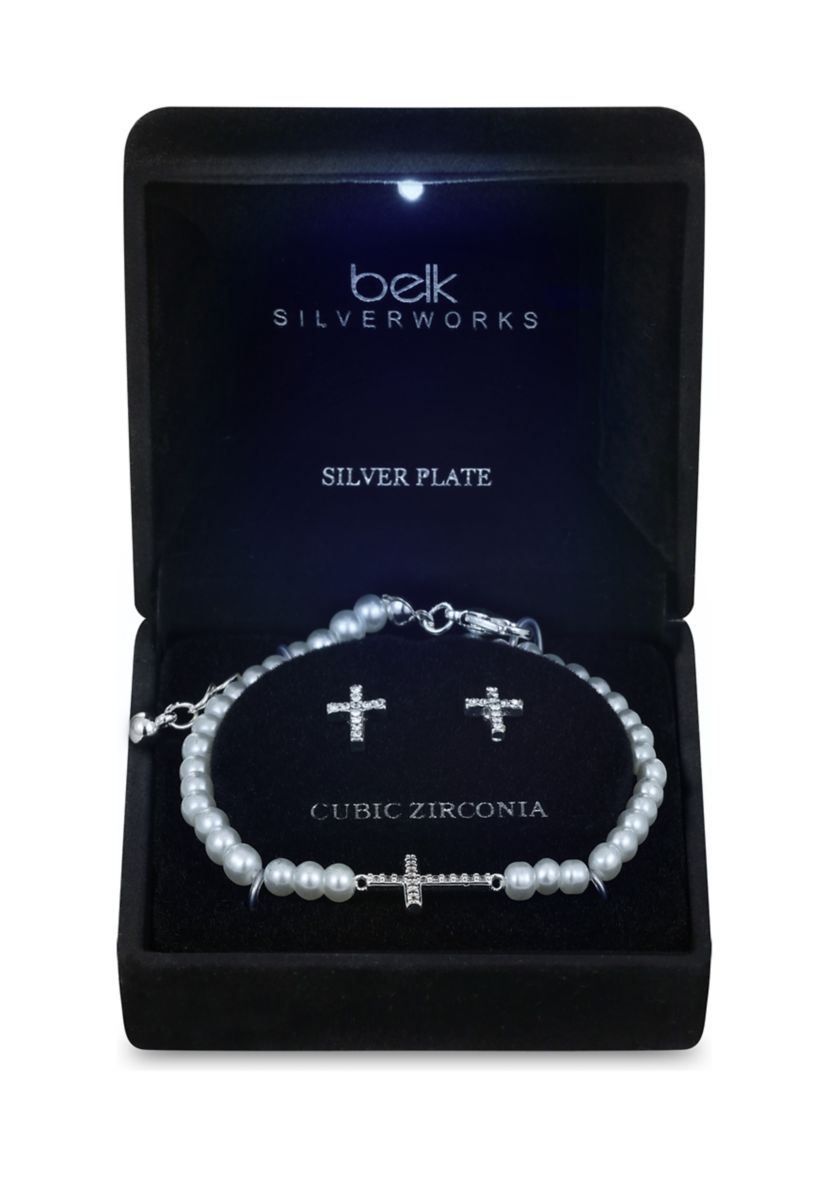 Lab Grown Silver Plated Pearl Bracelet with Cubic Zirconia Cross and Cross Stud Earring Set