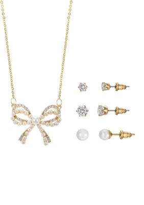 Lab Grown Gold Plated Pearl Bow Pendant Necklace with Cubic Zirconia and Pearl Multi Stud Earrings Set