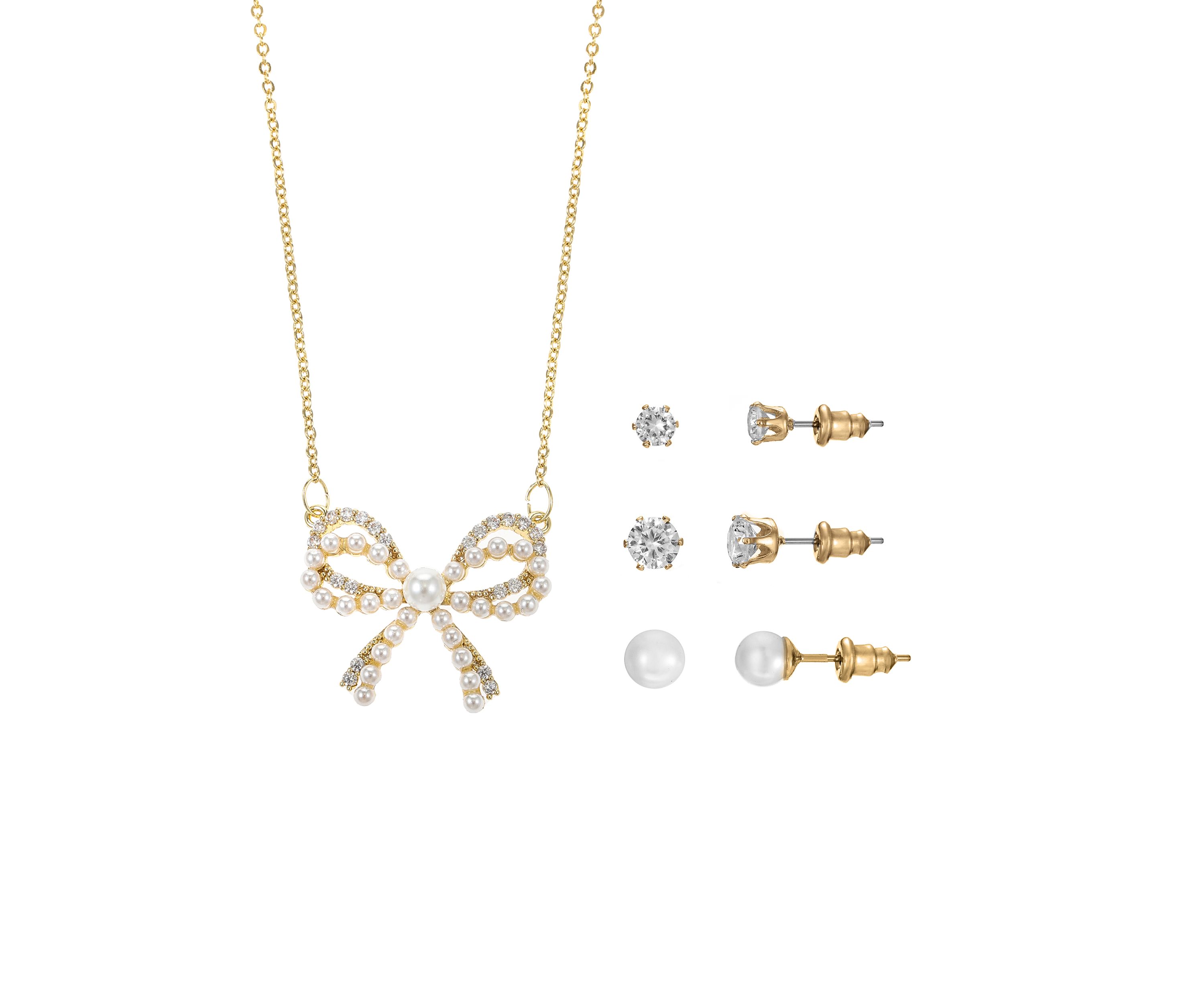 Lab Grown Gold Plated Pearl Bow Pendant Necklace with Cubic Zirconia and Pearl Multi Stud Earrings Set