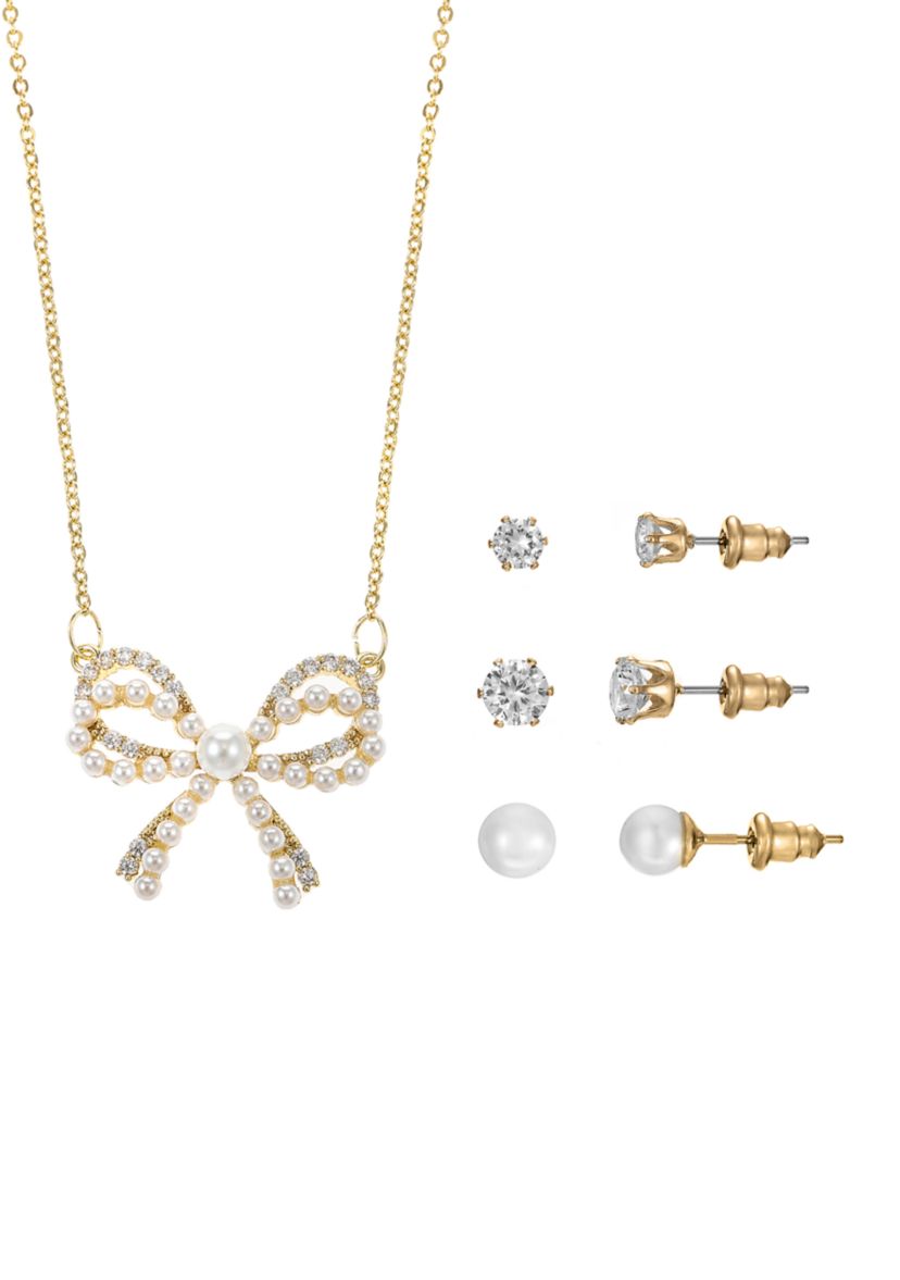 Lab Grown Gold Plated Pearl Bow Pendant Necklace with Cubic Zirconia and Pearl Multi Stud Earrings Set