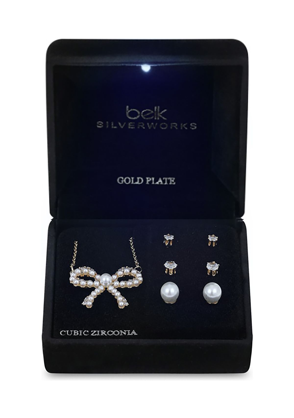 Lab Grown Gold Plated Pearl Bow Pendant Necklace with Cubic Zirconia and Pearl Multi Stud Earrings Set