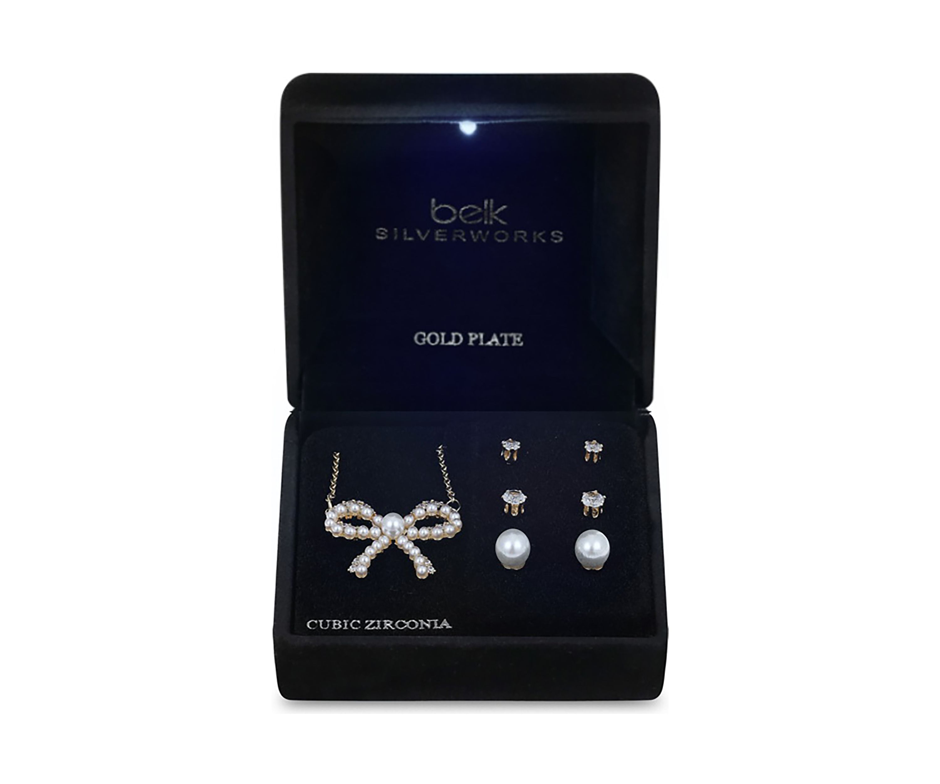 Lab Grown Gold Plated Pearl Bow Pendant Necklace with Cubic Zirconia and Pearl Multi Stud Earrings Set