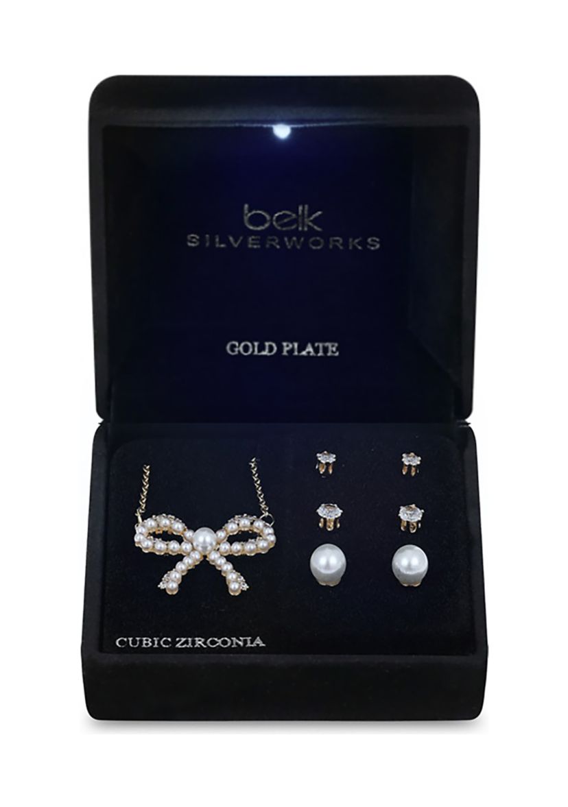 Lab Grown Gold Plated Pearl Bow Pendant Necklace with Cubic Zirconia and Pearl Multi Stud Earrings Set