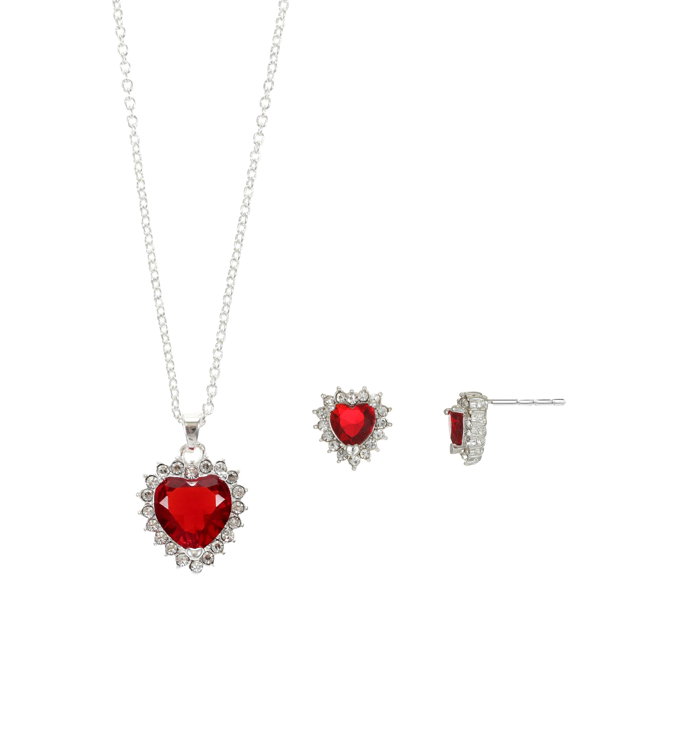 Lab Grown Silver Tone Red Crystal Heart with CZ Halo Necklace and Earring Set