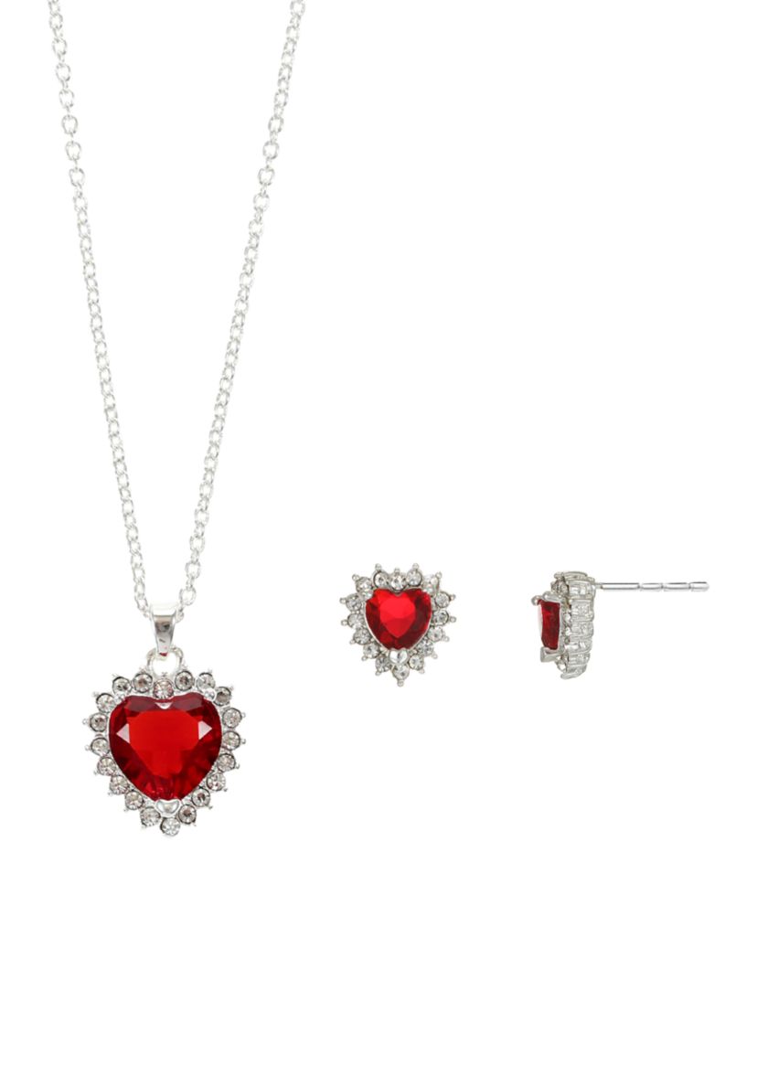 Lab Grown Silver Tone Red Crystal Heart with CZ Halo Necklace and Earring Set