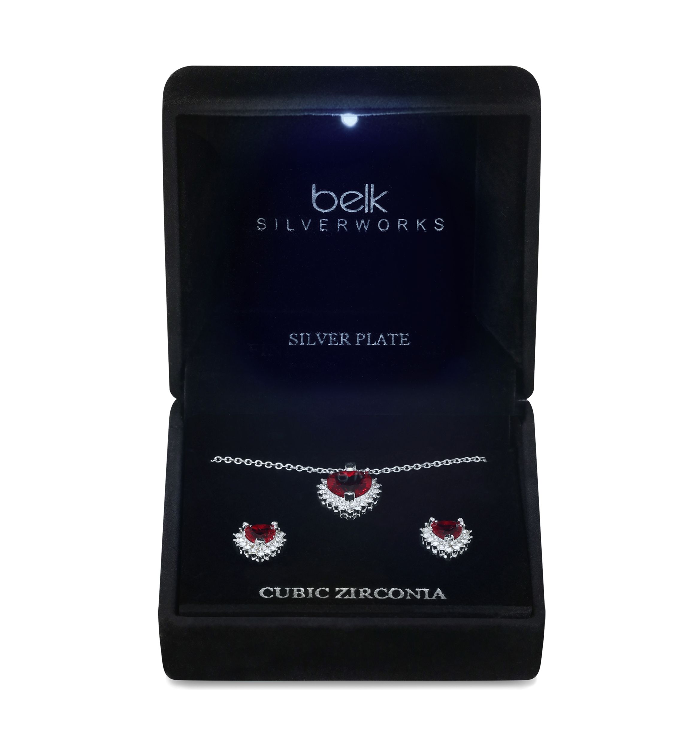 Lab Grown Silver Tone Red Crystal Heart with CZ Halo Necklace and Earring Set