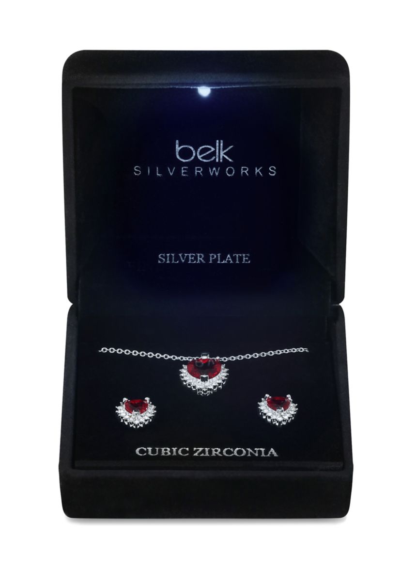 Lab Grown Silver Tone Red Crystal Heart with CZ Halo Necklace and Earring Set