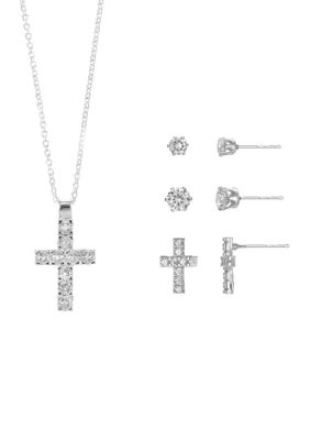 Belk Silverworks Lab Grown Silver Plated Round CZ Cross Pendant with CZ Round and Cross Stud Earrings Set