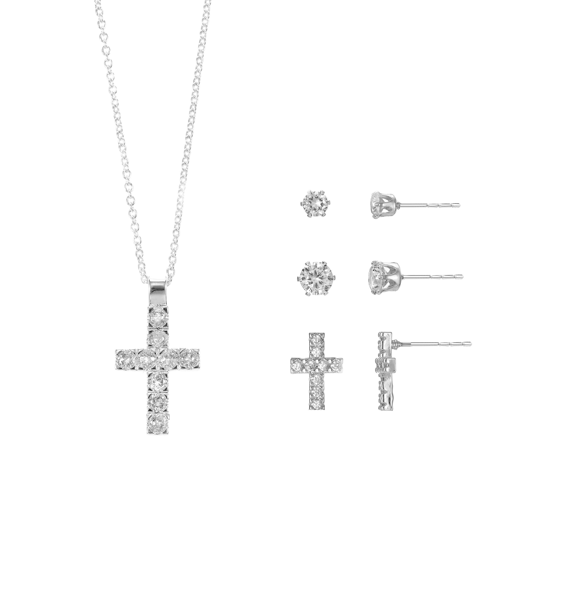 Lab Grown Silver Plated Round CZ Cross Pendant with CZ Round and Cross Stud Earrings Set