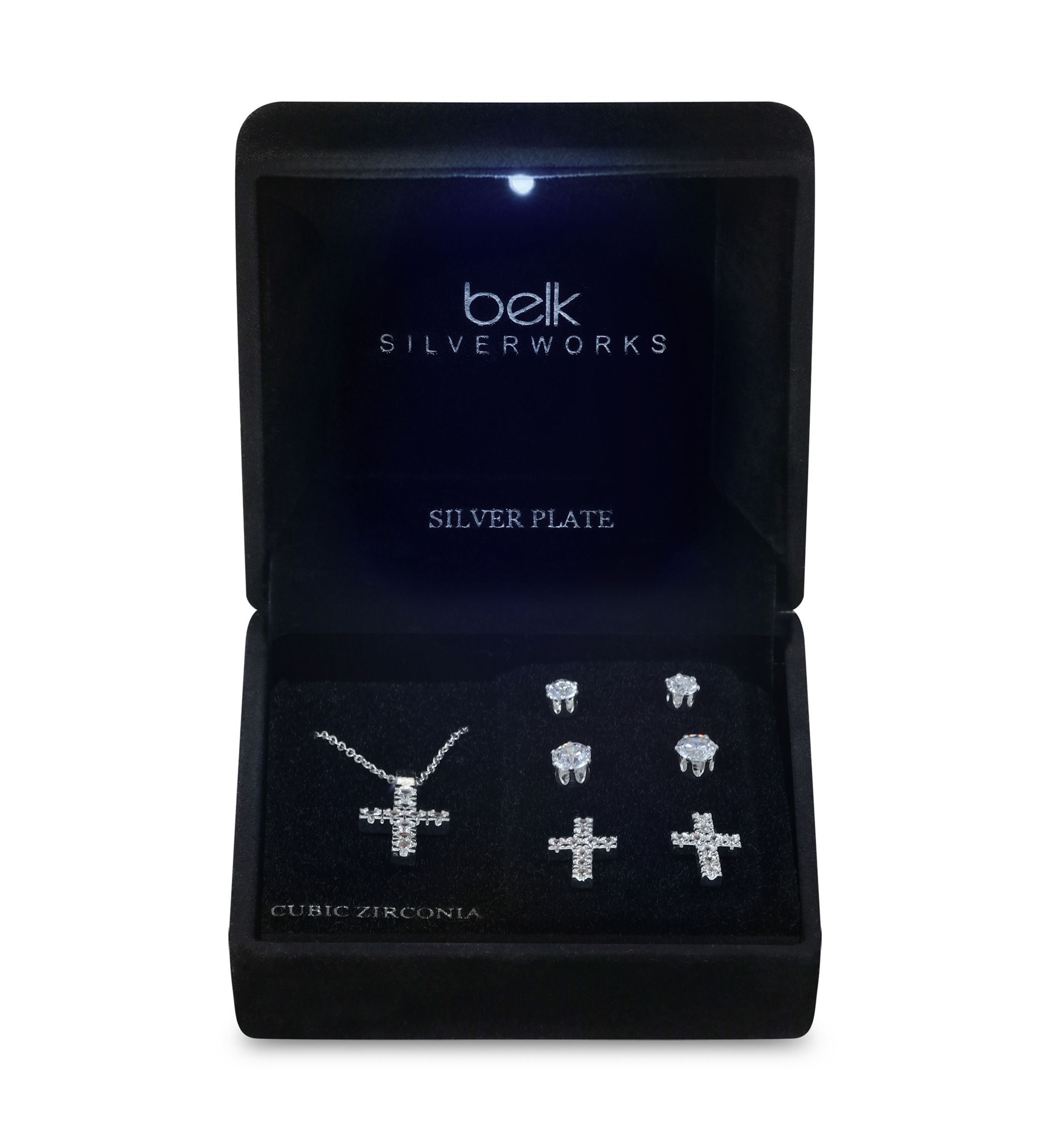 Lab Grown Silver Plated Round CZ Cross Pendant with CZ Round and Cross Stud Earrings Set