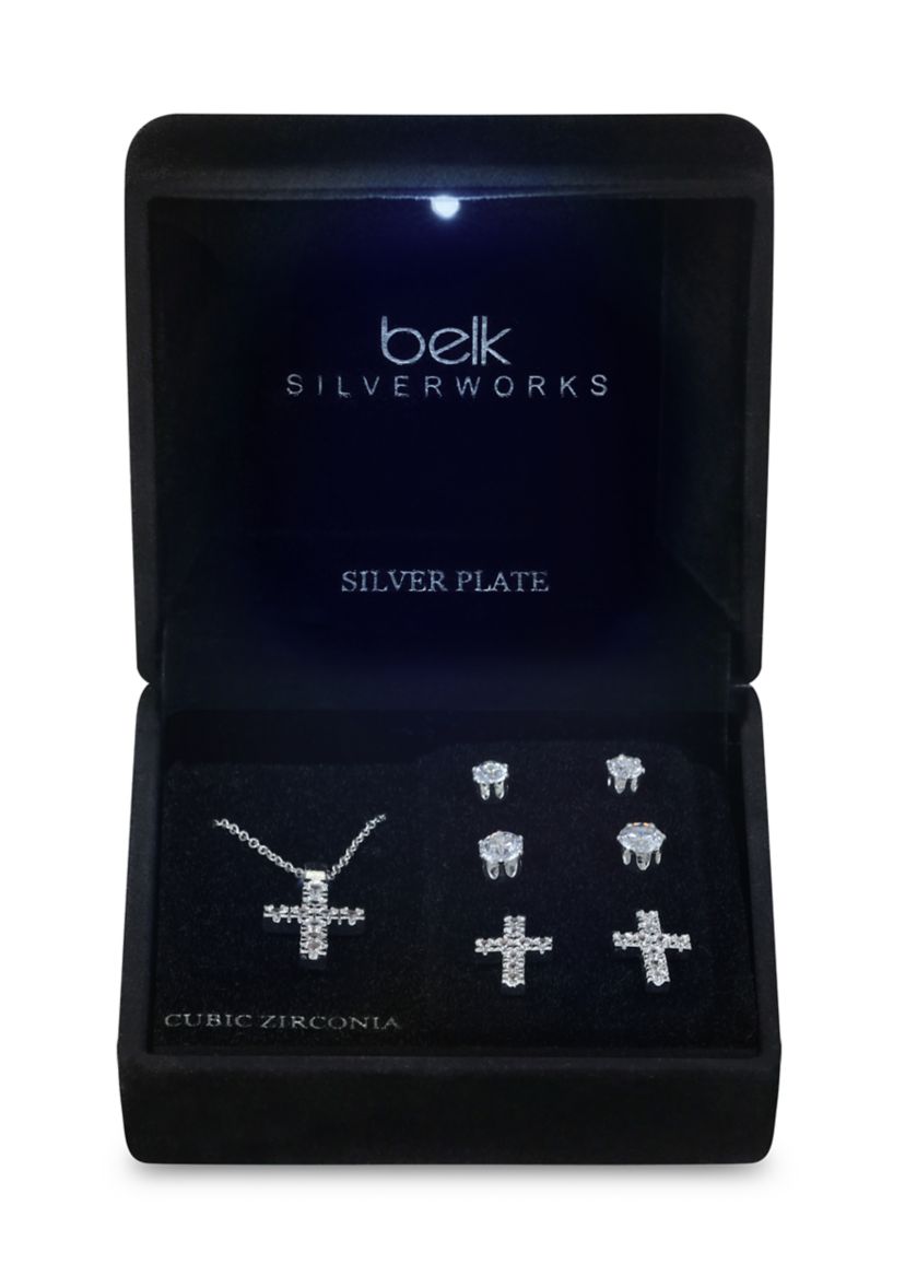 Lab Grown Silver Plated Round CZ Cross Pendant with CZ Round and Cross Stud Earrings Set