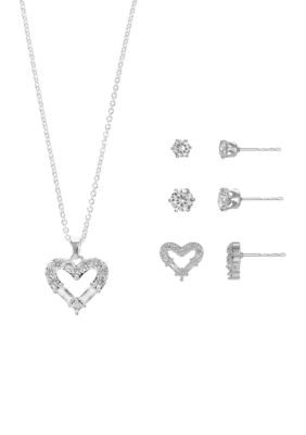 Belk Silverworks Lab Created Silver Tone Open Heart Pendant and Set of three CZ stud Earrings Set