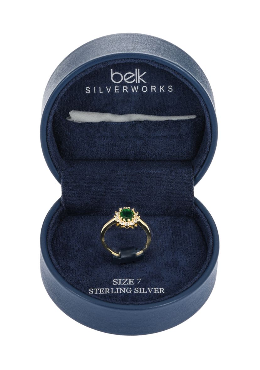 Lab Grown Sterling Silver Emerald Oval with CZ Halo Ring