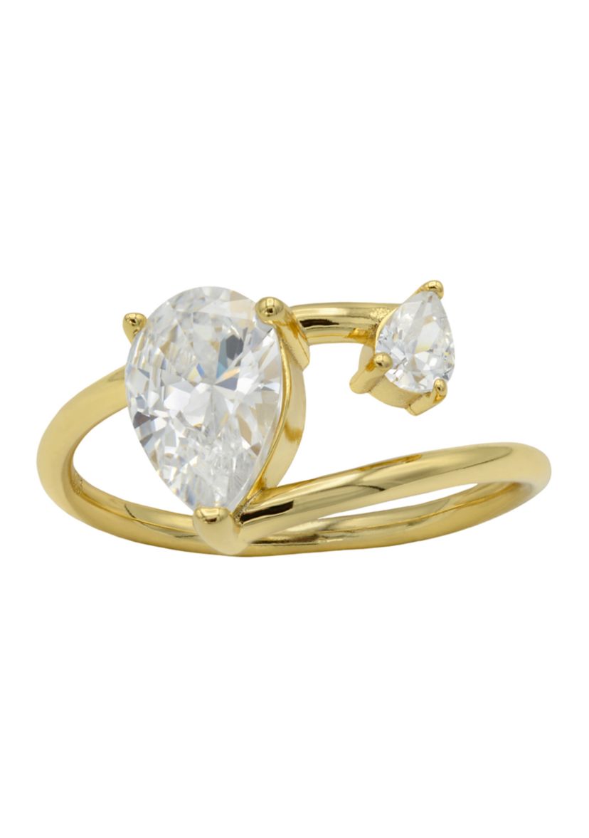 Lab Grown Gold Over Sterling Silver Pear CZ and Open Wrap Ring