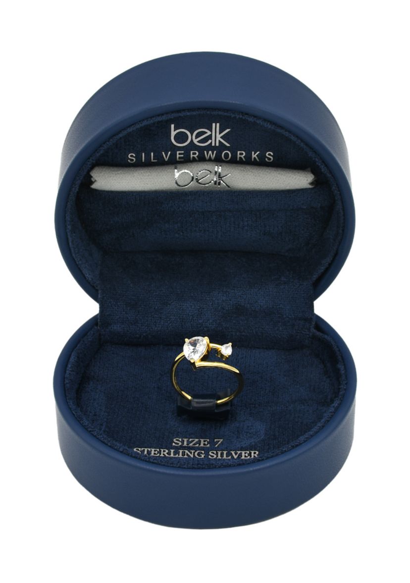 Lab Grown Gold Over Sterling Silver Pear CZ and Open Wrap Ring