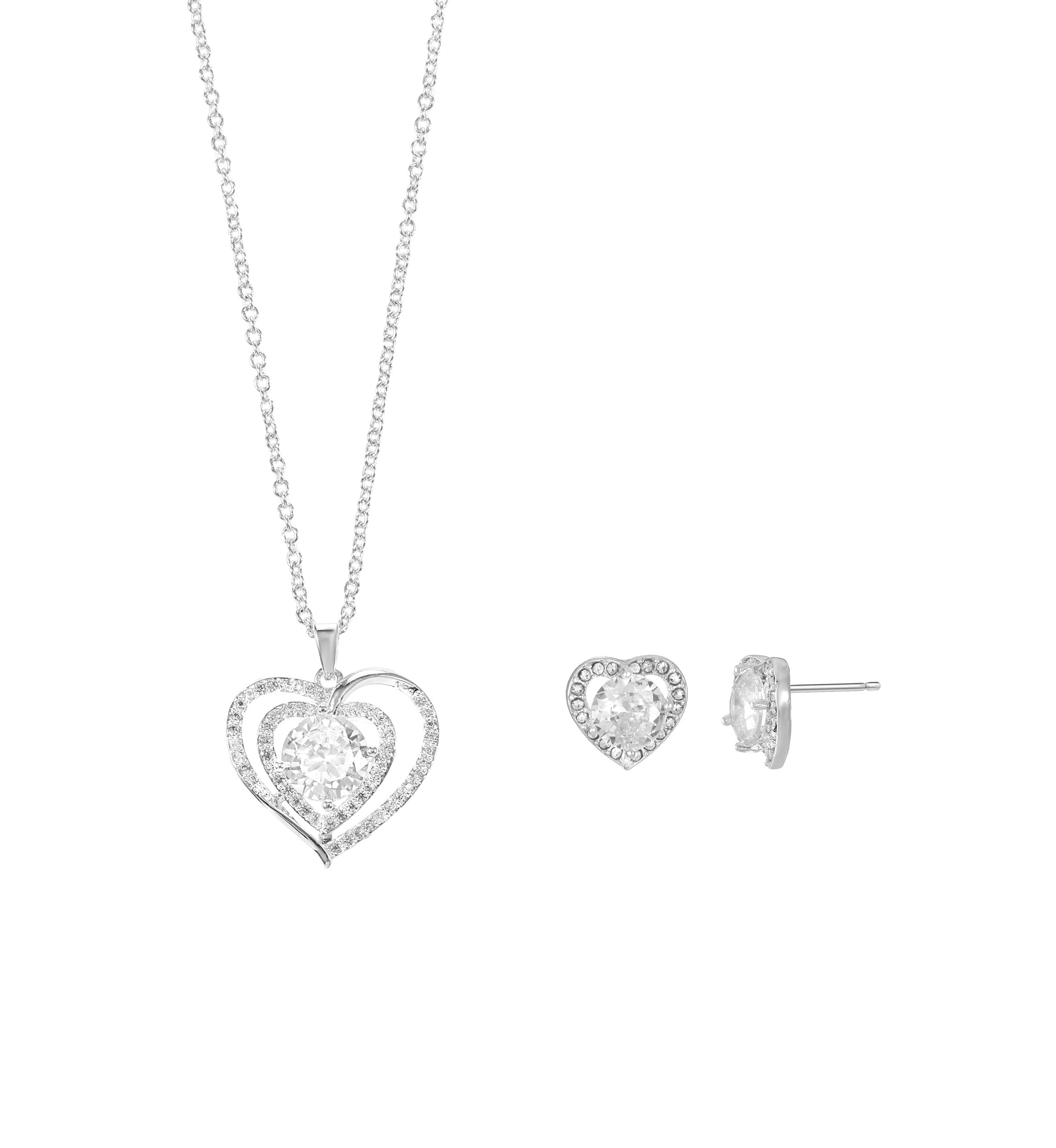 Double Heart Cubic Zirconia Necklace with Heart Earrings Set