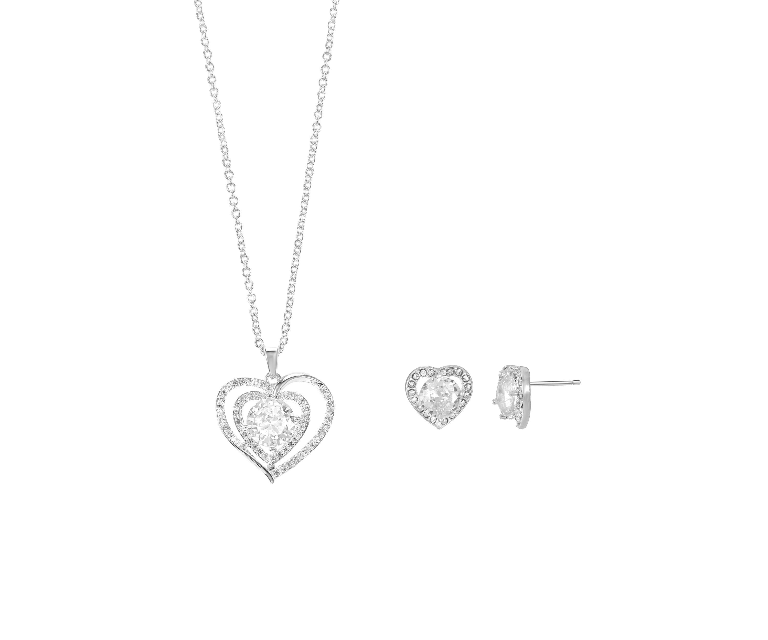 Double Heart Cubic Zirconia Necklace with Heart Earrings Set