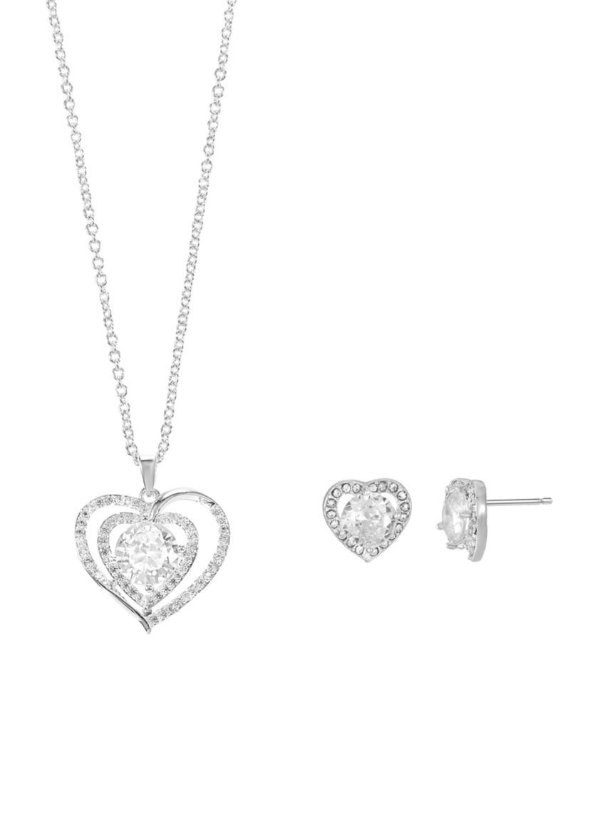 Double Heart Cubic Zirconia Necklace with Heart Earrings Set