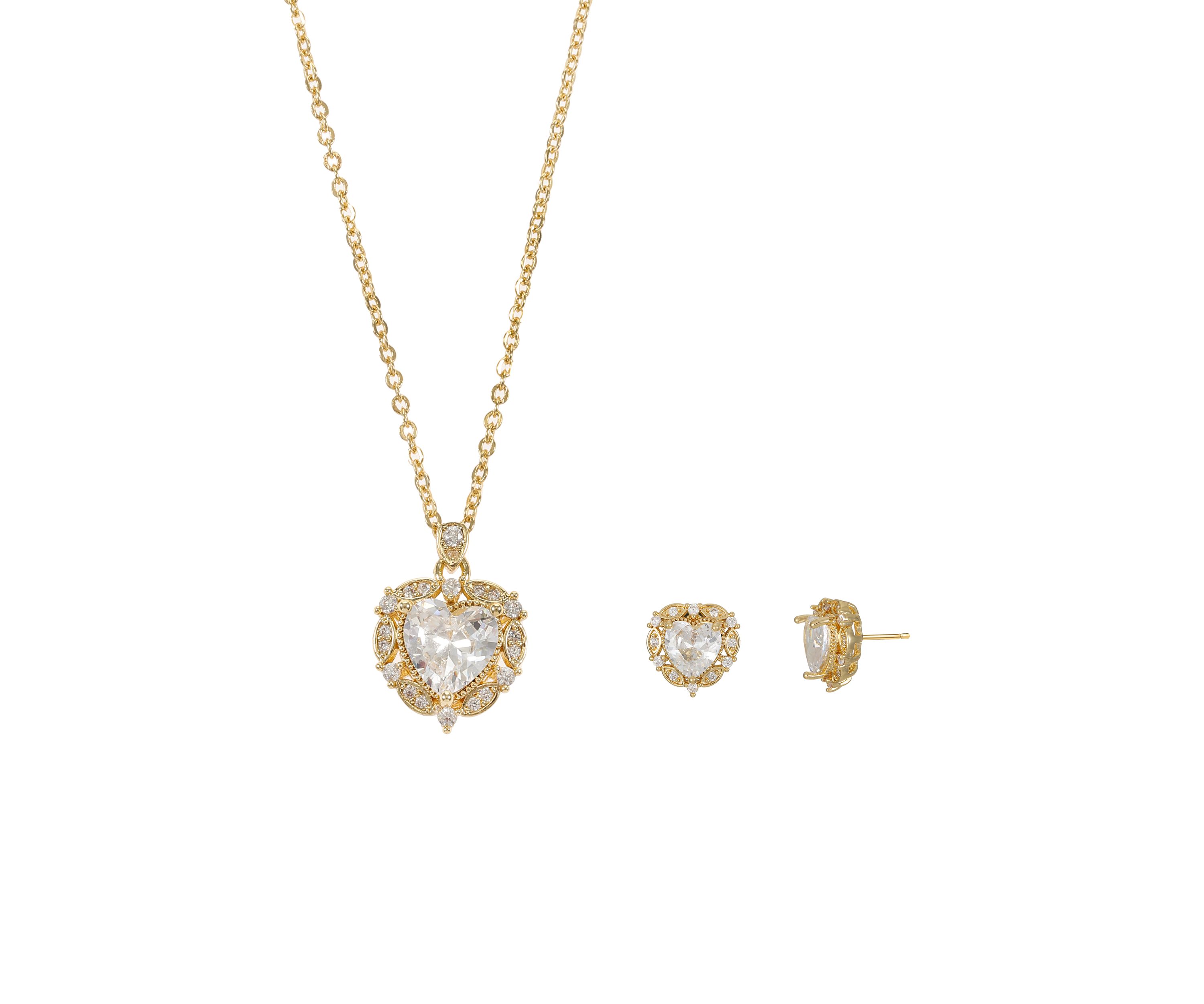Lab Grown Heart Halo Pendant Necklace and Stud Earrings Set