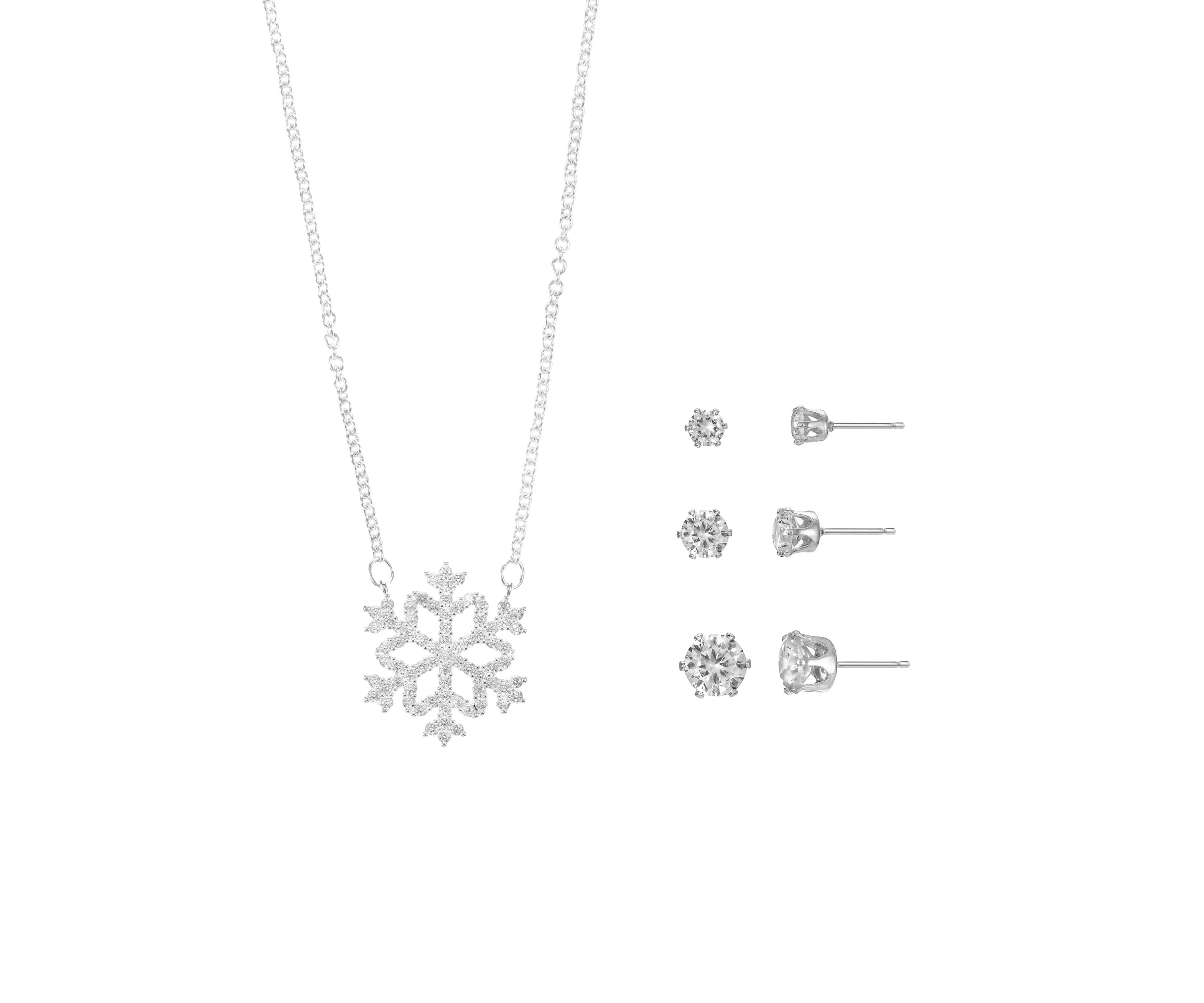 Snowflake Cubic Zirconia Necklace and Three Earrings Set 