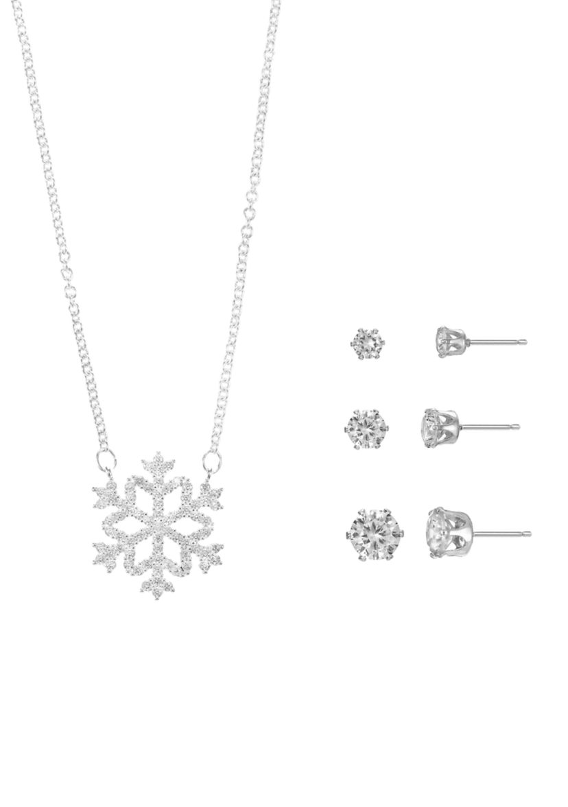 Snowflake Cubic Zirconia Necklace and Three Earrings Set 