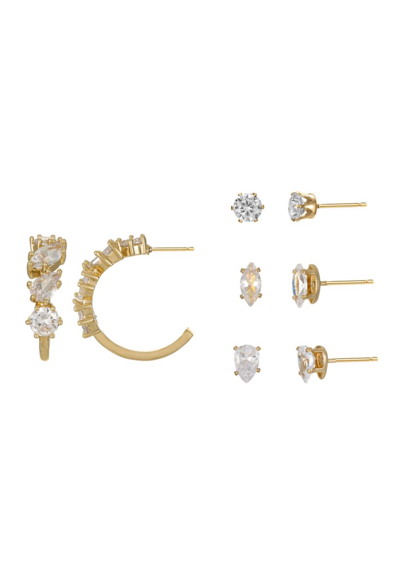 Lab-Grown Cubic Zirconia Hoops and Stud Earrings Set