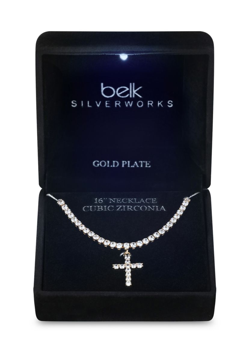 Lab-Grown Gold Tone Cubic Zirconia Tennis Necklace with Cross Pendant